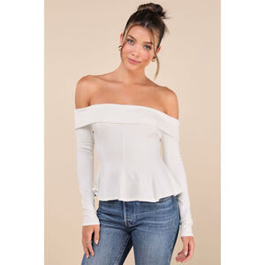 NWT Lulus Flattering Pick Ivory Off-the-shoulder Long Sleeve Top White, Size S
